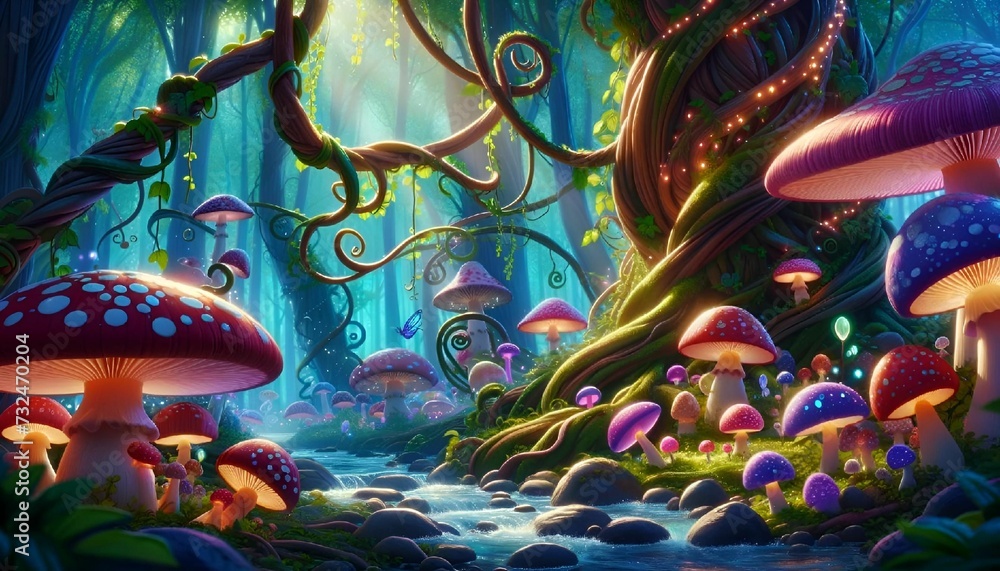 Enchanted Forest Wonderland with Luminous Mushrooms and Stream