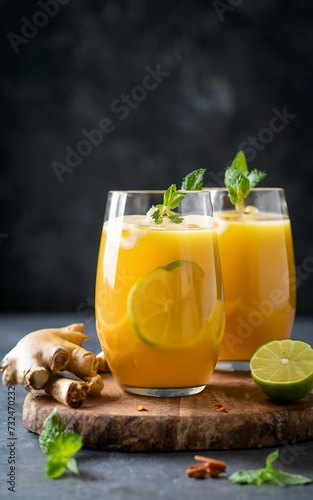 golden ginger and turmeric drink with lime juice. Healthy anti-inflammatory drink of natural medicine and naturopathy
