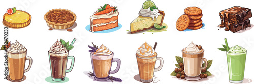 Vector illustration of a delightful assortment of aromatic coffee lattes and irresistible desserts