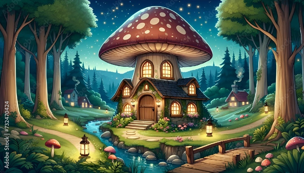 Obraz premium Enchanting Mushroom Cottage in a Magical Forest Clearing