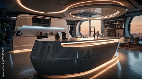 AI generated illustration n of a futuristic kitchen interior illuminated by led lights