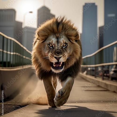 AI generated illustration of a majestic adult lion sprints across a bridge
