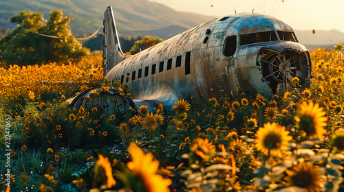 фотография Old passenger plane in a field of sunflowers.