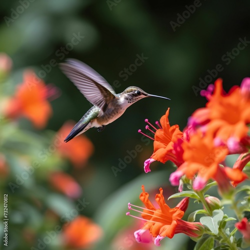 AI-generated illustration of a hummingbird hovering near vibrant flowers.