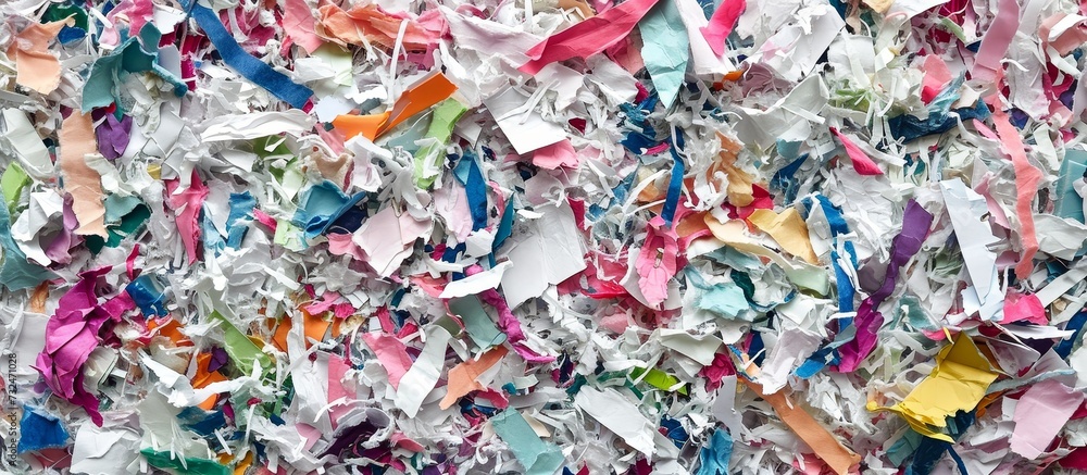 A creative arts event showcasing a unique pattern of shredded paper in a variety of colors including magenta and electric blue.