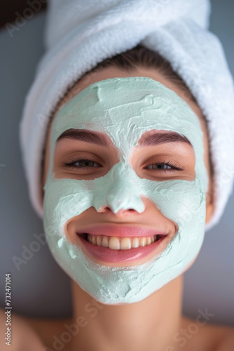 Woman in a spa beauty salon with anti-aging cream on her face.