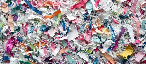 A creative arts event showcasing a unique pattern of shredded paper in a variety of colors including magenta and electric blue.