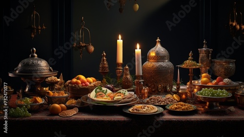 Showcase the cultural significance of the Ramadan Iftar Table through a lens of aesthetic elegance. © Aqib
