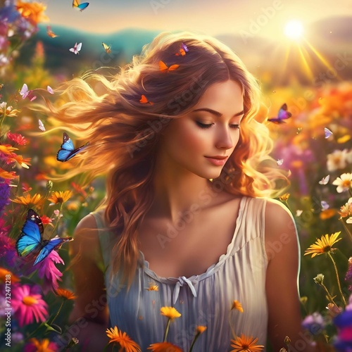 woman in field with butterfly and wildflowers and sunburst in background