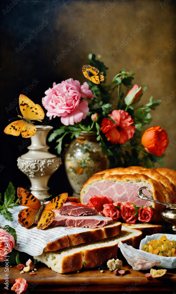 still life with flowers ,vintage still-life flowers butterflies ham meat bread 17th century style