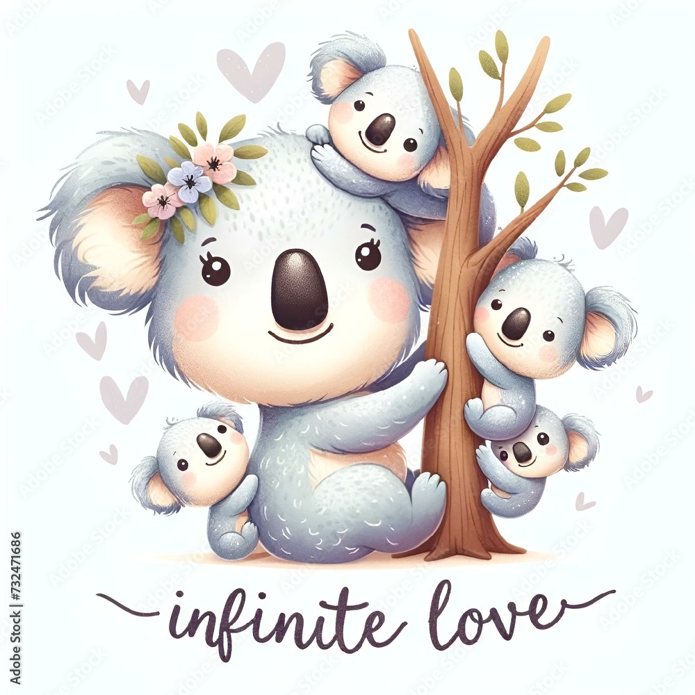 AI-generated image of a mother koala with joeys, in a tender watercolor style