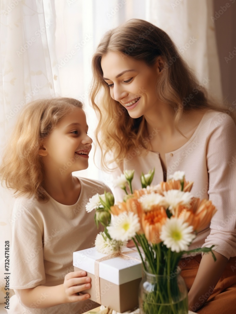 mother's day, women's day or birthday. Daughter congratulates mother with holiday and gives bouquet of flowers. March 8 mother's day, women's day or birthday. Daughter congratulates mother with holiday and gives bouquet of flowers. March 8