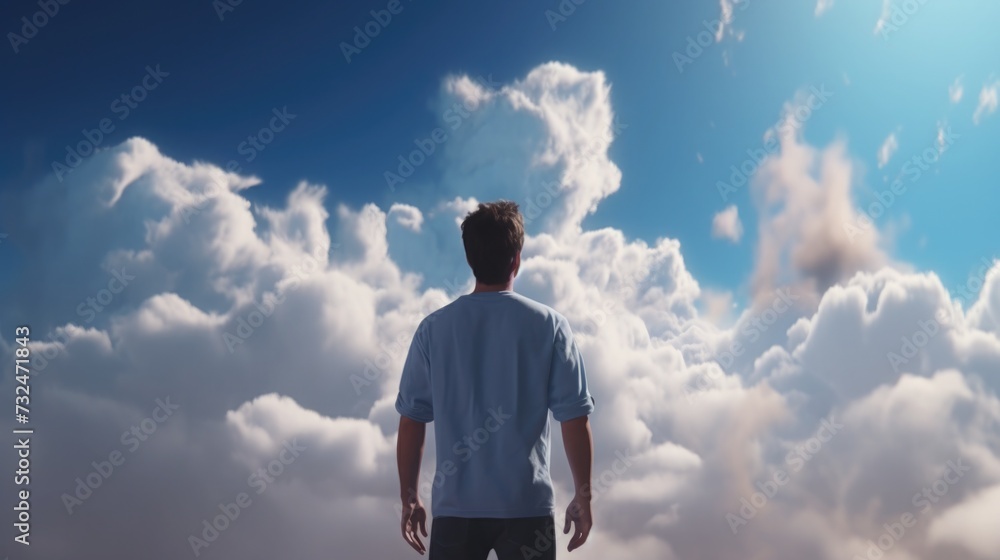 Naklejka premium young man on the clouds. the guy died and went to heaven and smiles. man looks at the sky. life after death