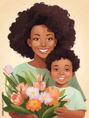 mother's day, women's day or birthday. black, african american Daughter congratulates mother, gives of flowers. March 8