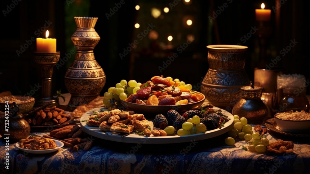 Step into the digital realm to savor the beauty of a traditional Arabic feast during Ramadan, complete with an abundance of dates and almonds.