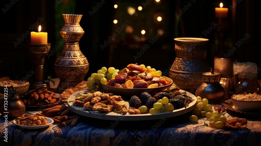 Step into the digital realm to savor the beauty of a traditional Arabic feast during Ramadan, complete with an abundance of dates and almonds. Step into the digital realm to savor the beauty of a traditional Arabic feast during Ramadan, complete with an abundance of dates and almonds.