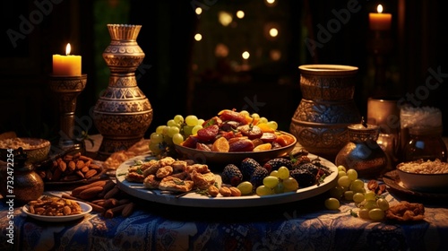 Step into the digital realm to savor the beauty of a traditional Arabic feast during Ramadan, complete with an abundance of dates and almonds.