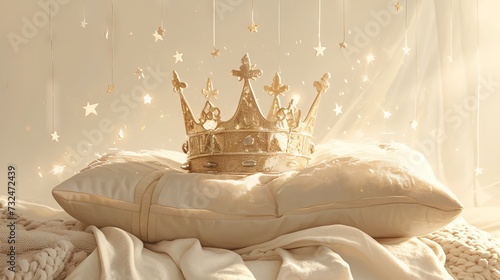 cute crown with precious stones, minimalistic background. Concept: cartoon royal decoration photo