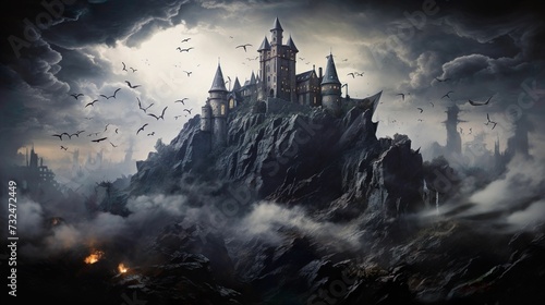 AI generated illustration of a Haunted castle perched on a rocky hill with a dark background
