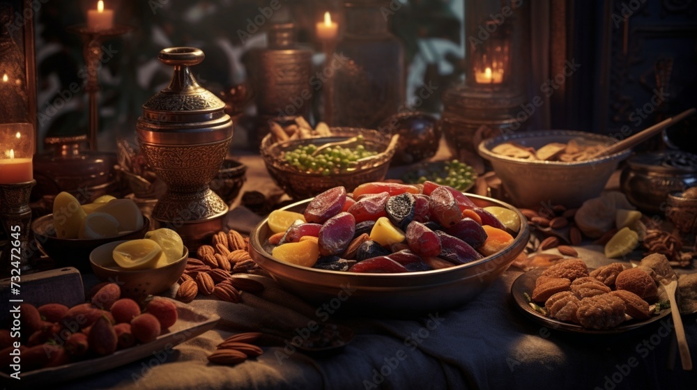 Step into the digital realm to savor the beauty of a traditional Arabic feast during Ramadan, complete with an abundance of dates and almonds.