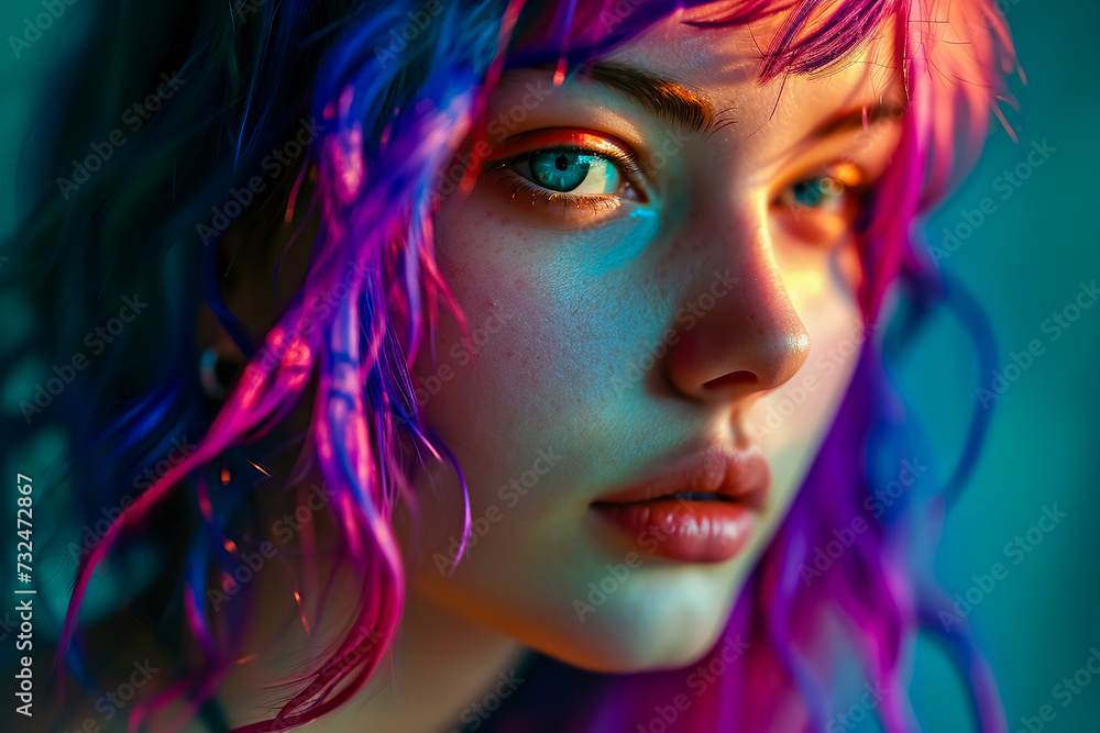 Young woman with colorful hair.