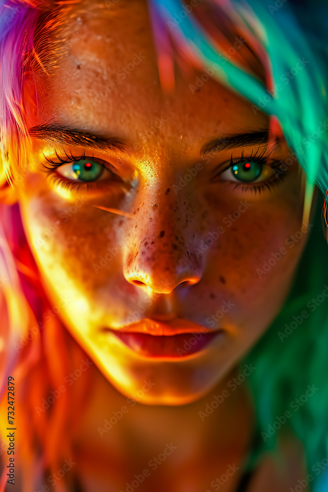Young woman with colorful hair staring into the camera.