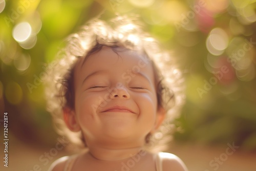 Joyful Toddler Smiling in Sunlit Garden