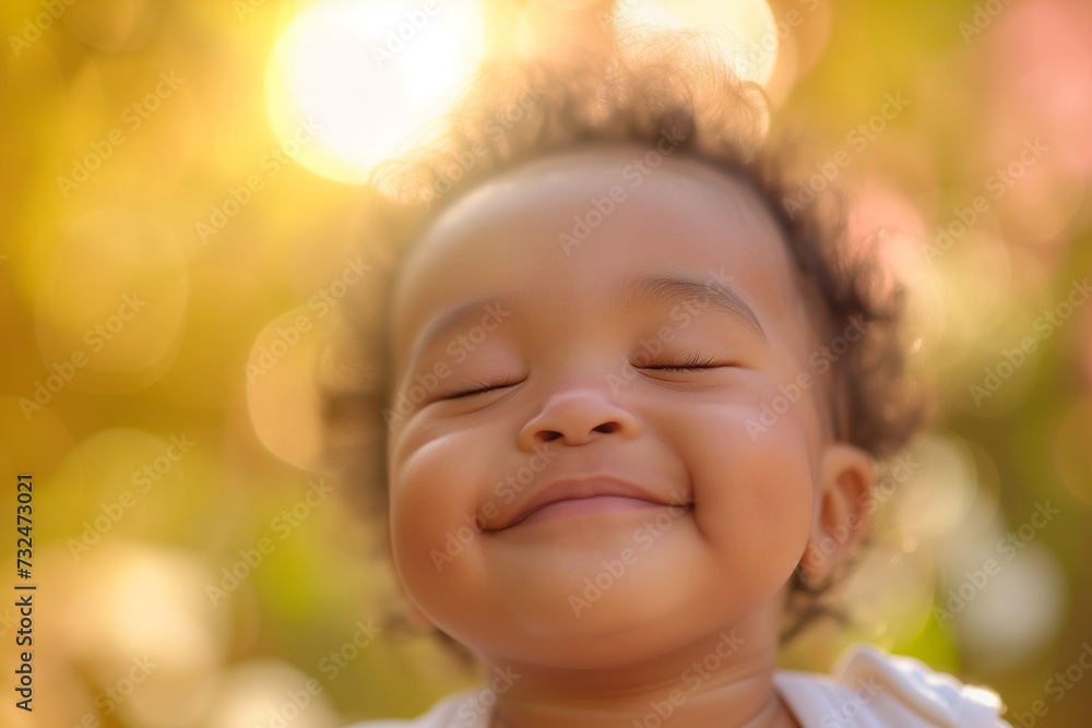 Joyful Toddler Smiling in Sunlit Garden Joyful Toddler Smiling in Sunlit Garden