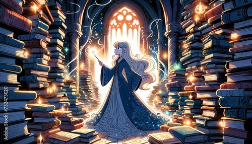 Enchanted Wisdom: A Wizardess Conjuring Magic Amongst Ancient Tomes - AI generated digital art photo