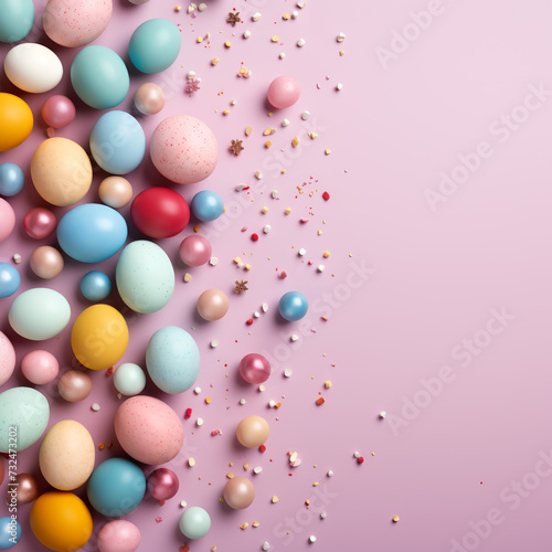 Holiday Easter background of colorful pastel Easter eggs and bunny ears on pink table top view