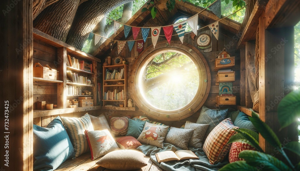 Naklejka premium Whimsical Treehouse Sanctuary Bathed in Sunlight - AI generated digital art