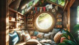 Whimsical Treehouse Sanctuary Bathed in Sunlight - AI generated digital art