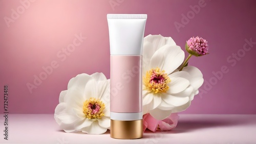 Cosmetic bottle with cream and flowers on pink background. Beauty and skin care concept