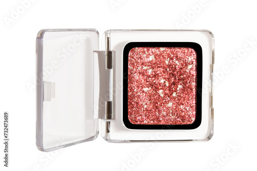 Quadro su tela Beautiful pink glitter eyeshadow in transparent packaging on an empty background