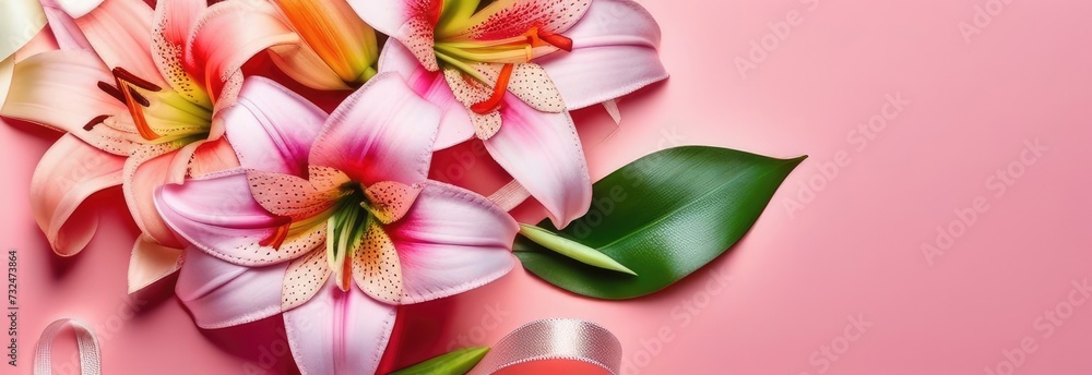 Orange and pink fragrant lilies close-up on a light pink background. Postcard. Free space for text. Banner
