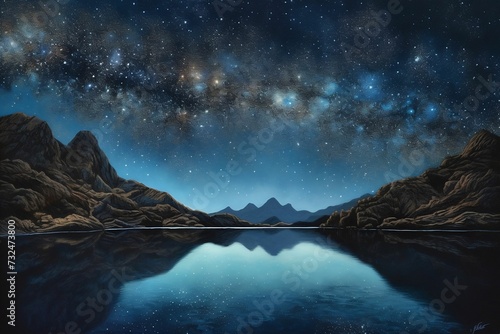 AI generated illustration of a stunning night sky against landscape of mountains and a tranquil lake