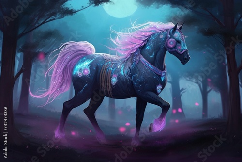 AI generated illustration of a magical purple horse against a backdrop of a star-filled night sky © Wirestock