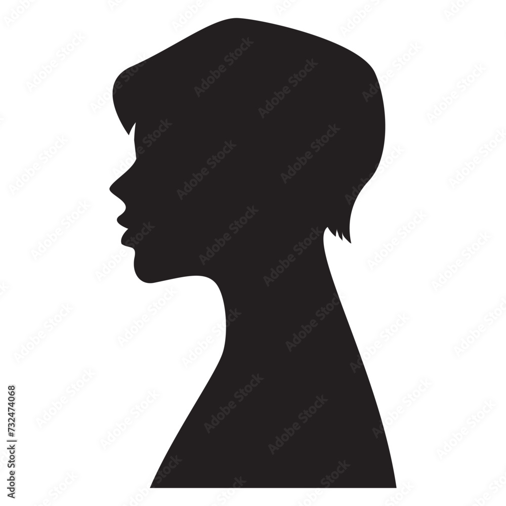 Silhouettes of girls hairstyles. Black silhouette of head girls.Woman face.Female faces profiles.Isolated on white background.Vector illustration.