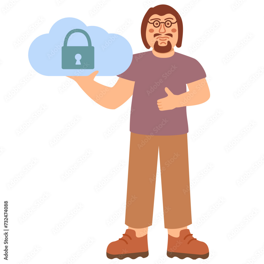 Person with cloud storage.Fintech cloud storage.Cloud as safe and unsafe online storage.Privacy policy.Padlock with cloud denoting. Data transfering service.Isolated on white background.Vector flat.