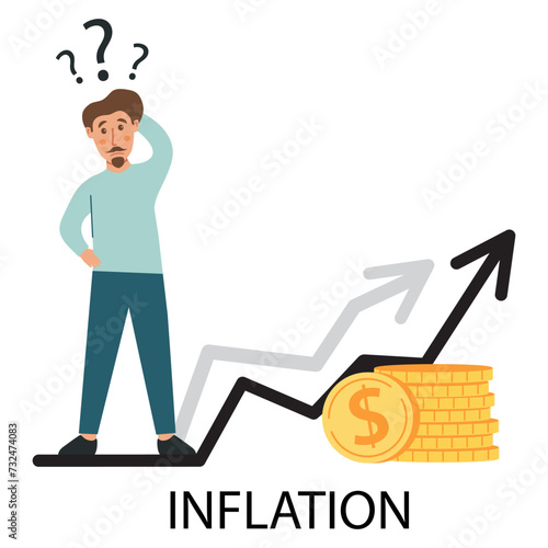 Economic inflation dollar value increase.Cost low and loss. Tiny people standing near piles of coins.Financial crisis.Character cartoon flat cartoon style.Isolated on white background.