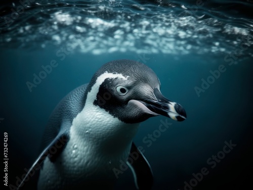 AI generated illustration of a penguin swimming underwater illuminated by a beam of light
