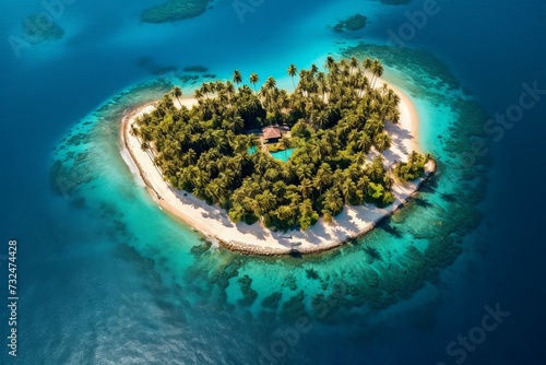 AI generated illustration of An aerial view of a picturesque tropical island in the shape of a heart