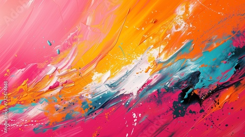 An electric orange, neon magenta, and cosmic teal explosion of dynamic energy on a polished marble canvas creates a dynamic and striking abstract artwork. 