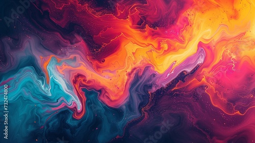 An explosion of dynamic energy on a polished marble canvas created an abstract artwork that is energetic and bold with bright strokes of electric orange, neon magenta, and cosmic teal. 