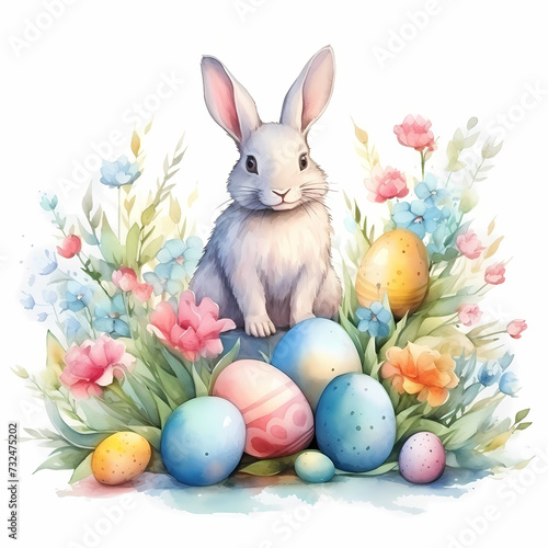Easter watercolor illustration with cute easter bunny  colorful easter eggs and flowers  white background  good for greeting card template