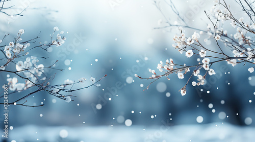 Winter landscape with frozen trees, snowflakes and blue bokeh lights.. Winter background. Generative AI technology.
