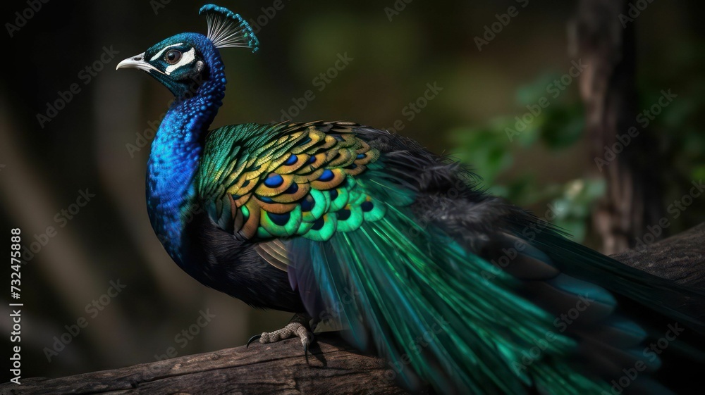 Fototapeta premium AI generated illustration of a peacock perched atop a branch, gazing off into the horizon