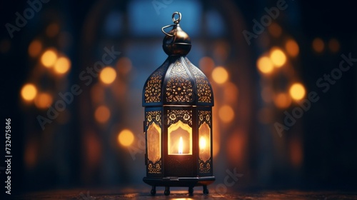 The soft glow of a burning candle illuminates a traditional Arabic lantern, symbolizing the joyous occasion of Ramadan.