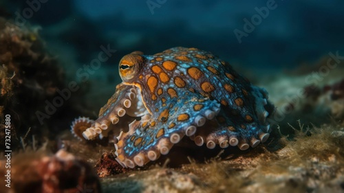 AI generated illustration of a blue octopus lurking on the ocean floor observing its surroundings