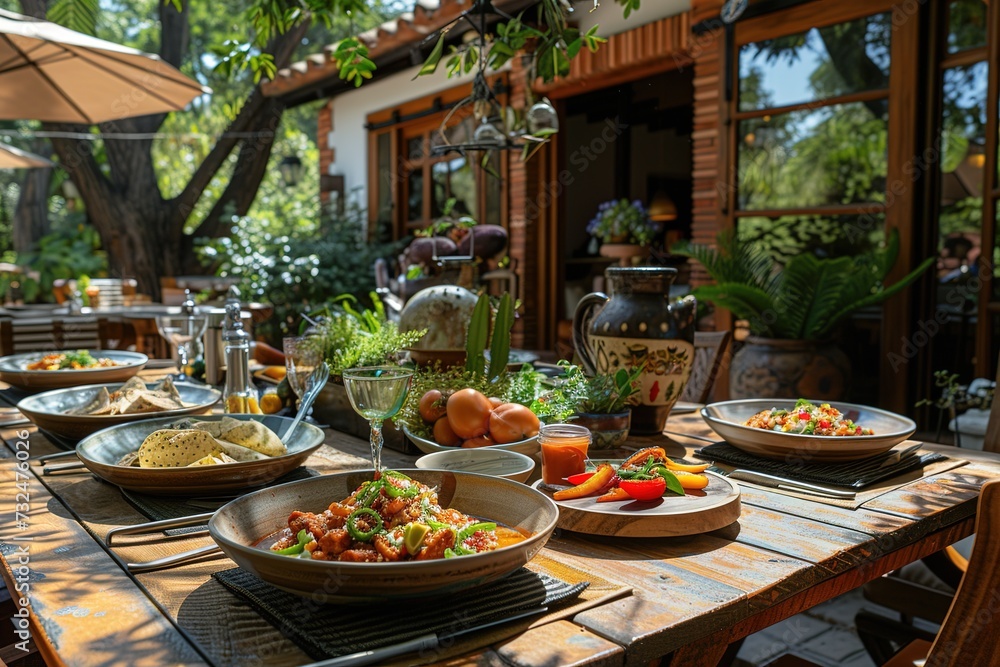 A rustic outdoor setting with a wooden table showcasing a homemade Mexican feast, including chiles en nogada, with a backdrop of lush greenery and natural light, for a fresh and authentic feel.